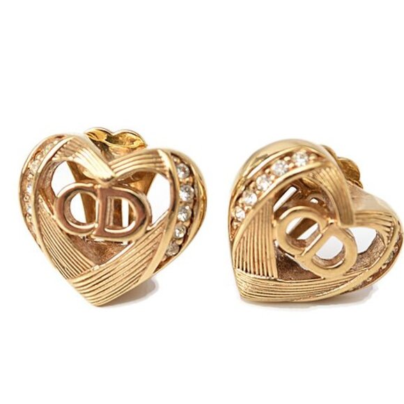 Christian Dior Earrings Vintage Heart Motif Rhinestone